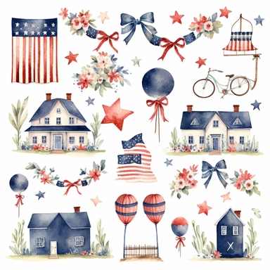 watercolor 4th of july patriotic decorations, illustrations clipart set, simple, , cartoon elements , bunting, ribbon elements, door wreaths, different variants , separate elements with a margin
