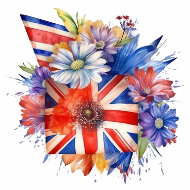 watercolor flowers, british colours, union jack, great britain, clipart, white background,