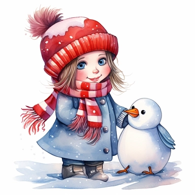 a happy little cute girl in a five-year-old, snowman, bullfinch, winter, style by Lusy Fleming, folk art, watercolor, clipart elements, smooth gradients, black contour outline, ultra detailed, white background, super clear, high quality
