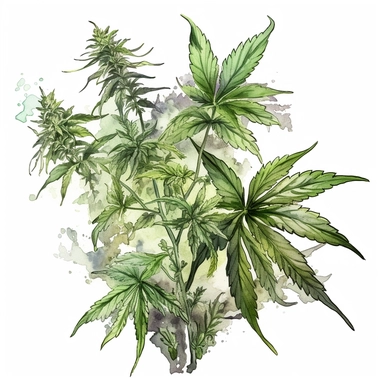Clipart, vintage, watercolor, Cannabis sp, multifogliate, botanical illustration, hand drawn, texture