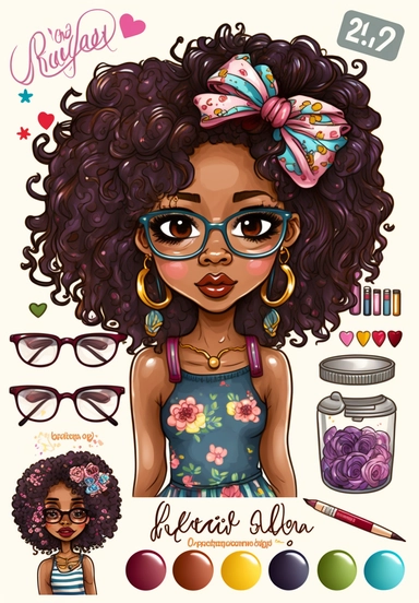 2d watercolor clipart kawaii, spring, april, character of beautiful african american woman, Intricately rendered dark Skinned woman, full body portrait, intricately rendered, 8k, long thick curls brown hair, sparkles, generously detailed, hyper realistic, digital, long rainbow eye lashes, beautiful retro comic urban chick, smart, books, nerdy, glasses, 8k,