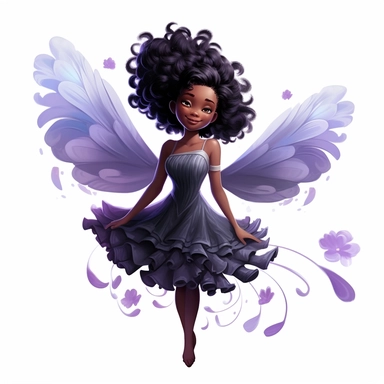 Blissful little black color fairy with lavender wings, floating gracefully, emanating pure bliss through a radiant expression, deep, captivating eyes, and sparkling wings, against a white background filled with deep, high-contrast colors. clipart on white background