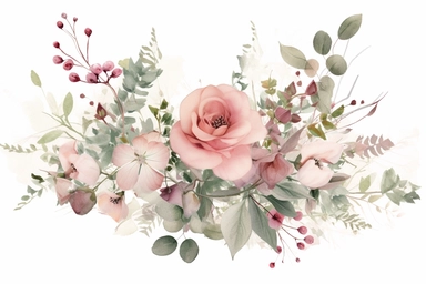 dusty blushing and pastel raspberry botanical wild flowers, sage green eucalyptus, sage green, clipart, watercolor, white background, corner