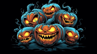 halloween pumpkins vector vector clip art, collection of free halloween pumpkin, in the style of black background, tasteful use of negative space, hellish background, caricature faces, light black and orange, light sky-blue and dark orange