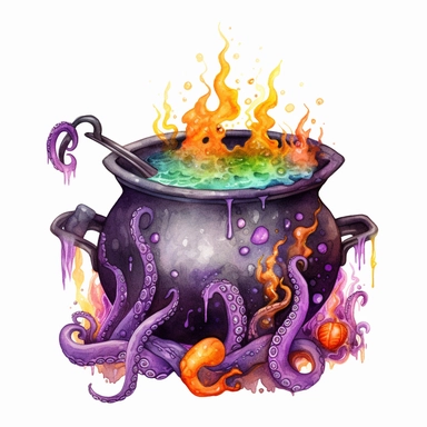 hand drawn black cauldron with bubbling potion, large bone in the cauldron, an octopus tentacle coming out of cauldron and hanging on the side, Halloween, purple orange and green shades, fantasy, glamorous, clipart style, detailed and realistic, watercolor, white background with margins