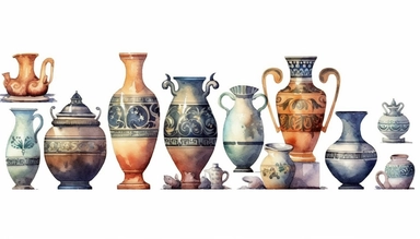 Watercolor greek vases and sculpture home decoration clipart, wide margin around the elements on white backround, highly detailed