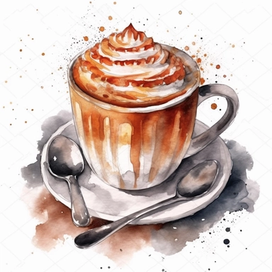 mug of coffee with latte foam art, clip art, watercolor, isolated white background, 8k
