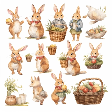 easter clipart set, whimsical and cute hand drawn illustration, Beatrix Potter isolated image white background