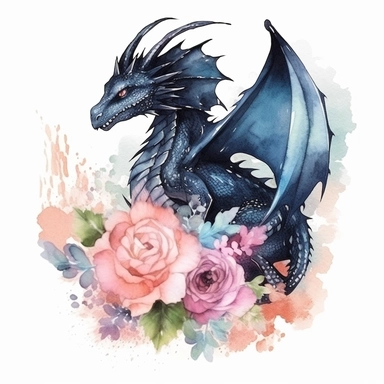 Fantasy magic black Dragon with flower Watercolor Clipart, white background