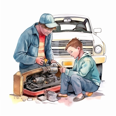 CREATE A HIGH QUALITY WATERCOLOR ILLUSTRATION OF A WHITE MALE MECHANIC AND A BOY WORKING ON AN AUTOMOBILE, HOOD UP, TOOLS, HELPING DAD OUT, CLIPART STYLE, HIGH QUALITY, BONDING WITH DAD, NO FONT, NO TEXT