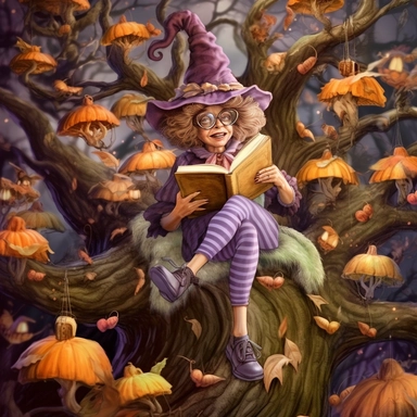 COMIC/CARTOON fantasy magical wacky witch reading books in a huge tree,large eyeglasses, hats, muted colors, swirls, twists, twirls, metallic, glitter, stylized, funny, centered, airbrushed, digital oil, detailed illustration, clip art, cartoon, 8k, ar 9:8