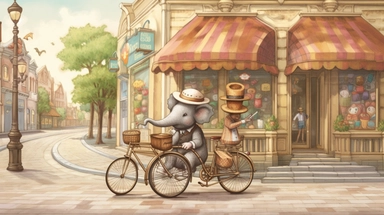 A whimsical chibi-style illustration showing a dapper elephant, trunk swinging in rhythm as he rides an antiquated, large-wheel bicycle. The tuba he carries lets out melodious notes, adding to the jubilant ambiance. The backdrop, a cheerful vintage townscape with cobblestone streets and quaint houses, adds to the storybook charm. Created digitally with a Wacom Cintiq Pro using Clip Studio Paint, utilizing watercolor and pencil brushes for a warm, hand-drawn look