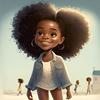 pixar illustration of Sag Harbor town , An illustration of five year old light skin happy black girl with curly afro, on the beach with african american grandparents in Sag harbor Sunset Beach, east hampton , summer vaction, beach town , summer days , muted tones , shy warm heart , pixar , hyper detailed , smooth skin realistic animated — Happy Black Girl Smiling art,black girlsclipart, Funny black girl , Cheerful african american girl child png, clipart, afro ,Full body with legs , Cottage core