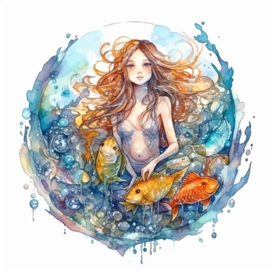 watercolor elf mermaid pretty woman with long hair surrounded by water and fish in the style of magical realism, water bubbles, seaweed, high detailed clipart illustration, white background, underwater lighting, colorful pallete
