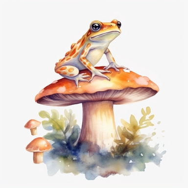 cute frog jumping on mushroom clipart, watercolor, white background
