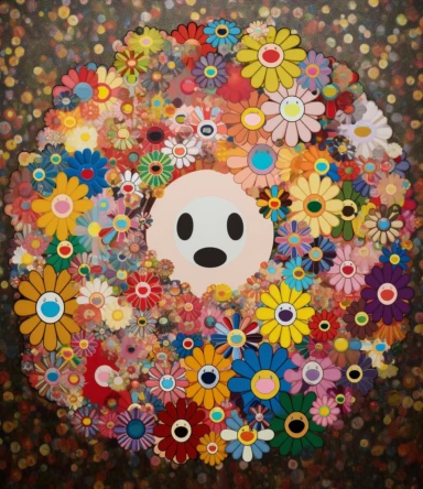 a painting of many different colored flowers, a pointillism painting, by Takashi Murakami, gutai group, post - minimalism, large patches of plain colours, jake parker, everything enclosed in a circle, naturalistic technique, minion with many many many eyes, nancy grossman, listing image, clipart, prairie, round-cropped