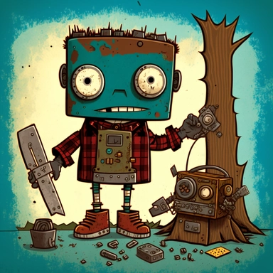 garbage pale kids format, pop surrealism digital art image of broken down, old, rusting, cartoonish, humanoid, child robot working as a lumberjack. The robot is wearing tattered, Paul Bunyun style uniform, made of clothing for humans. The robot is in an art style inspired by artists like Tara McPhereson, Nooligan, and Robin Eisenberg. To be used for digital clipart. Use dull, 1970's style, yellow, green, brown color scheme for the robot.