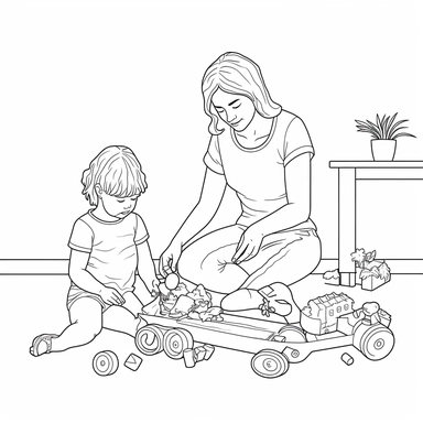 coloring page for kids of a mother and a child playing with toys, full body view, white neutral background, clean line art, low details , 1,5px thick black lines, simple clipart. simple