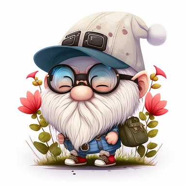 cute chibi happy gnome with big white beard, wearing spike hat, hat is covering the eyes, clipart, line art, in the style of Anni Betts + Christine Battuz, watercolor illustration style 8k, png
