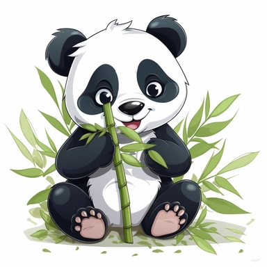 Generate a crisp clipart, pre-cropped image of a cute panda munching on bamboo leaves, pure white background