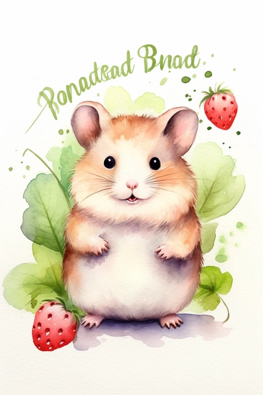Create a watercolor clipart picture of a hamster next to a strawberry plant, white background. The hamster should have a cute and happy expression, with its fur depicted in soft watercolor textures. Surround the hamster with small flowers and greenery, adding a whimsical touch to the scene.