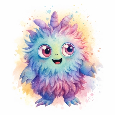 watercolour illustration, cute baby monster, big eyes, smiling, pastel, pale colourful, aquarrellist, clipart, isolated, white background,