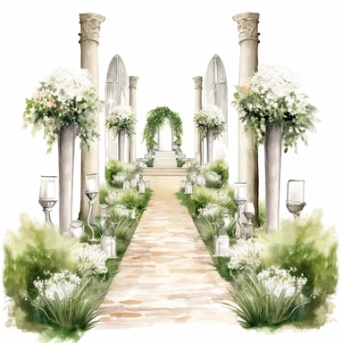 Hand drawn aisle grass with white brick, tall topiary’s with white flowers line the aisle and sparkly crystals, glamorous, very detailed and realistic, watercolor, clipart style, white background with margins
