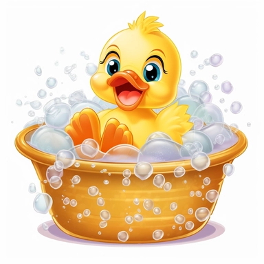 clipart, cute kawaii baby duck in a bathtub of full of bubbles, isolated on a white background, cartoon style, chibi style, vector, 3D, no shadows