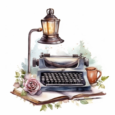 Typewriter Lantern Book Coffee Watercolor Sublimation Clipart, Clipart, white background, no watermark, no text, no word,