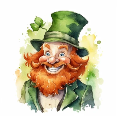 Create a charming clipart of a delightful little leprechaun with a striking red beard. The background should have a plain, high-contrasted color that makes the leprechaun stand out. Use a watercolor and realistic style to give the artwork depth and texture that entices the viewer to imagine the mischievous personality of this little fellow. Make sure to capture the essence of Irish folklore in every stroke.