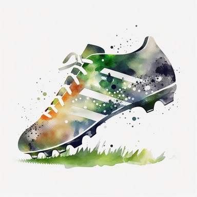 An enchanting watercolor portrayal of a single Soccer shoes Clipart, placed gracefully on a bright white background, the artist's choice of lush green tones infusing the shoes with a sense of vitality and connection to the soccer field, the delicate brushstrokes and subtle gradients capturing the texture and details of the shoes, resulting in a visually captivating artwork, watercolor painting on high-quality paper, UHD resolution,