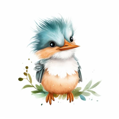 a playful baby kingfisher with kind eyes clipart with watercolor illustration,full body shot,8k,etsy style, white background