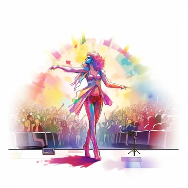 a man in drag queen style, performing dance, on stage, in hall, no audience in the stands, spotlights on character, cyberpunk themed, svg vector, Augmented Reality, ynthwave futuristic, high-tech art nouveau art style, clipart, Cyberspace white background no text, ultra realistic, isolated on white, ghibli style, watercolor illustration, award winning