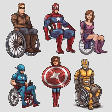 6 clipart elements, series of very hyperdetailed colorful stickers, cool people with disabilities, marvel style, superheros, each sticker with a clear white outline between each element, light grey background, realistic