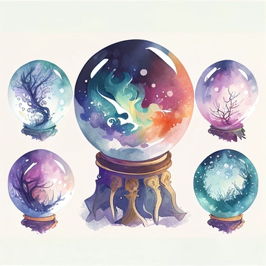 magical crystal ball, clipart, water color, deep colours, white background, border, watercolour illustration style, dreamy, 8k, intricate, illustration, detailed, png