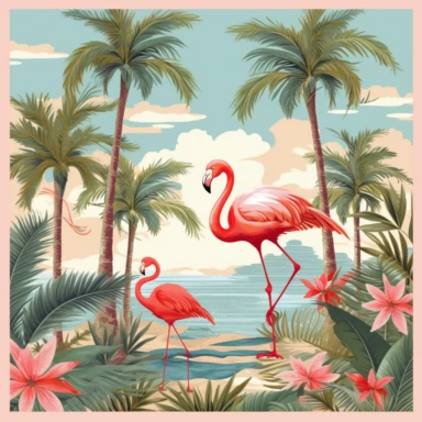 Flamingo and palm trees, clipart, Maggie Holmes style, multi color with metallic gold overlays, Pixar style, vintage ivory background — tile