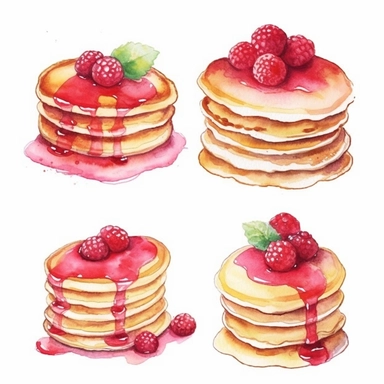 watercolor A clip art 4 set of images featuring raspberry pancakes isolated white background, minimalist, 8K