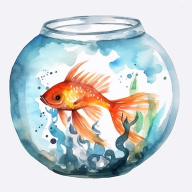 Watercolor fish bowl clipart, white isolated background, space out, hd