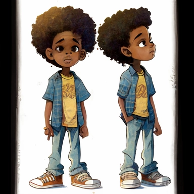 son of Draymon, 7 year old black man, illustration for children's book, multiple angles, 360 degree character, 7 years old, curly black and gray faded flat top afro, large eyes, wearing blue jeans, yellow shirt, brown shoes, Watercolor Clipart, strybk, full Illustration, 4k, sharp focus, watercolor, smooth soft skin, symmetrical, soft lighting, detailed face, watercolor style, strybk, Octane rendering, 3d. Perfect face, detailed face, delicate face, perfect round lips, detailed eyes. Ghibli Anim