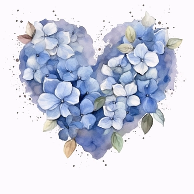 one watercolor heart shaped flower frame beautiful hydrangea clipart on a white background, in the style of dark blue and light blue, elaborate borders, hyper-realistic water, handcrafted designs, water and land fusion, dark sky-blue and light beige, water drops, no watermark, text, 300 DPI , typography, shapes do not stick together, no text in the picture, on a white background