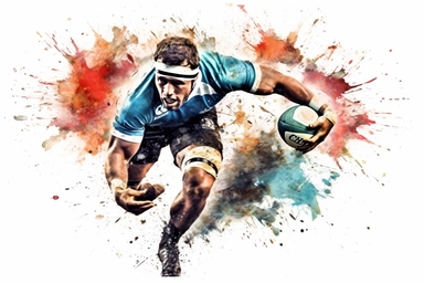 Watercolor, Craft an action shot of a rugby player tackling an opponent with strength clipart, hd, on a white background, spaced out
