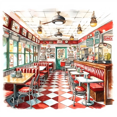 A retro-themed diner, where people enjoy classic American comfort food and capture the ambiance with vintage cameras, watercolor, clipart