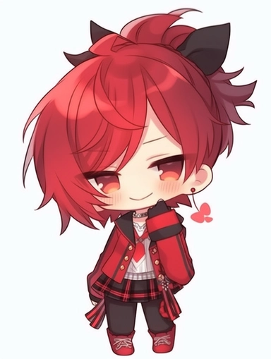 cute anime chibi girl, tomboy style, crimson red hair, outgoing attitude, clipart, no background
