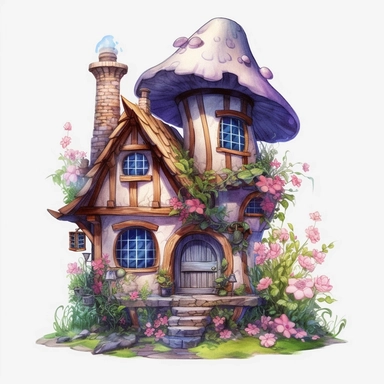 disney style little fairy house clipart, full of flowers around house, pastel color, watercolor clipart, png file, hyper realistic, transparent background,high detail, 8k