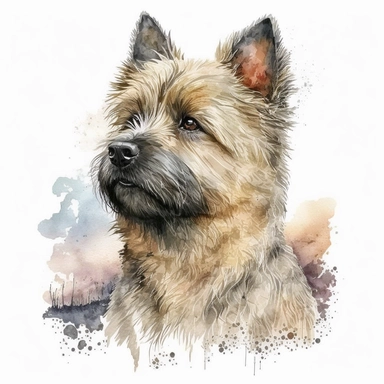Generate a watercolor-style image of a Cairn Terrier dog Clipart with natural watercolors on a white background