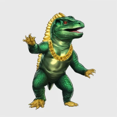 baby Godzilla, looks like Michael Jackson, doing dance steps, wearing a miami heat basketball jersey, wearing a gold pendant with a gold bitcoin on it, wearing hip hop style black satin pants and a green iridescent silk shirt, techno lighting, clipart on plain background