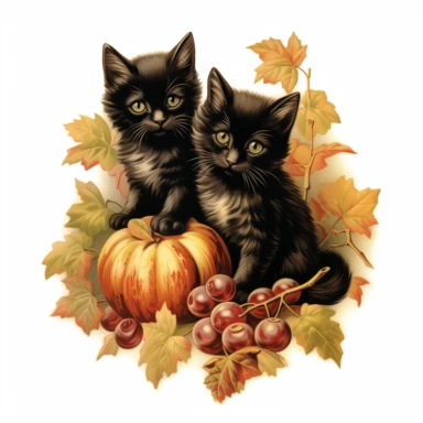 autumn themed black kittens, vintage clip art