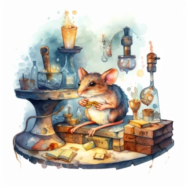A curious mouse scientist exploring a secret underground laboratory, illuminated by glowing vials and mysterious crystals, with ancient scrolls and scientific apparatus. Watercolor clipart in HD on a white background.