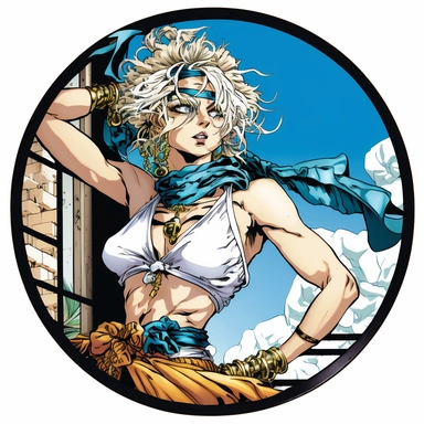 platinum blonde Orientalism bohemian grunge young woman Super Saiyan, handpainted enamel, clipart illustration, circle white background, circular compound design border