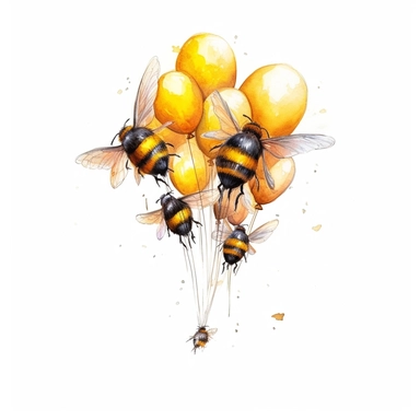watercolor art of bumble bees with balloons, in the style of realistic and hyper-detailed renderings, sketchfab, ahmed morsi, realistic watercolor paintings, use of common materials, handcrafted designs, with white background clipart